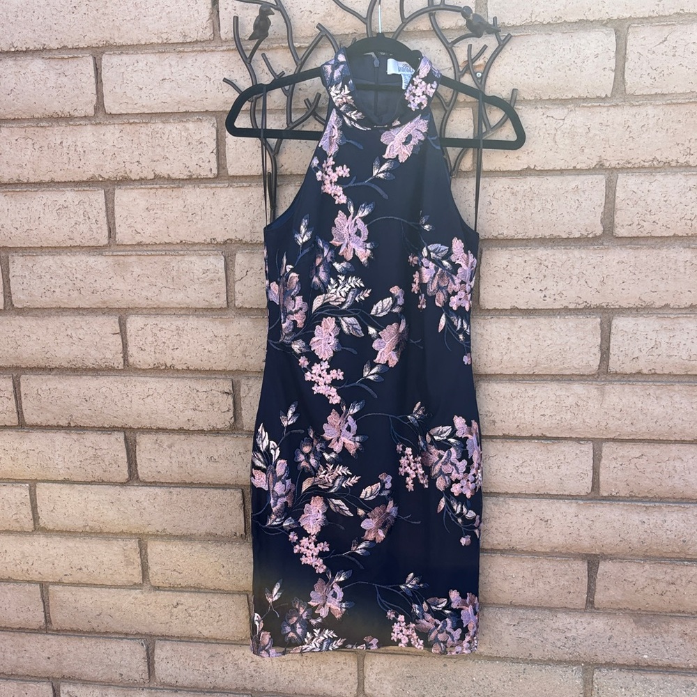 Badgley Mischka Black and Pink Floral Mini Dress